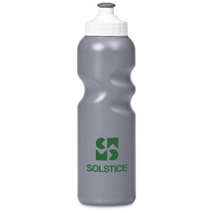 Gray water bottle with white cap and green logo on a white background


