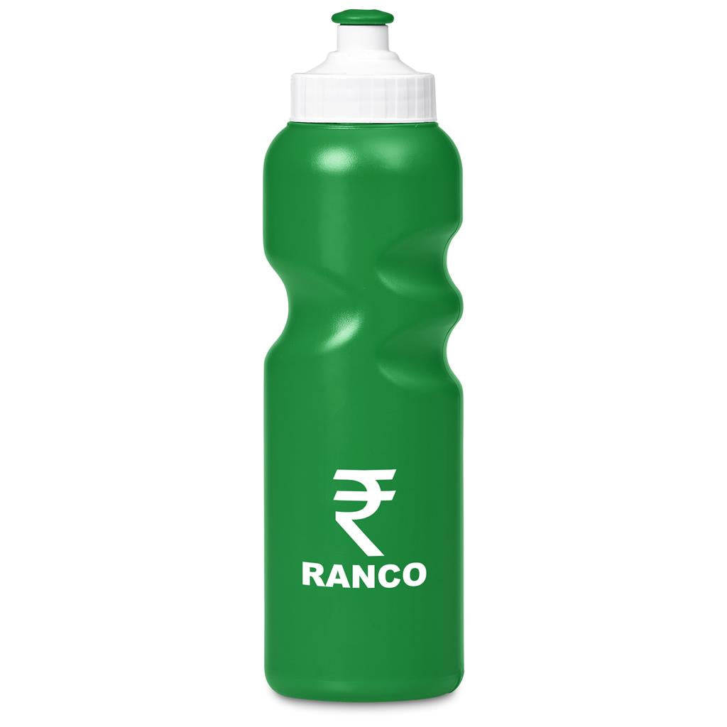 Green water bottle with white Ranco logo on a white background

