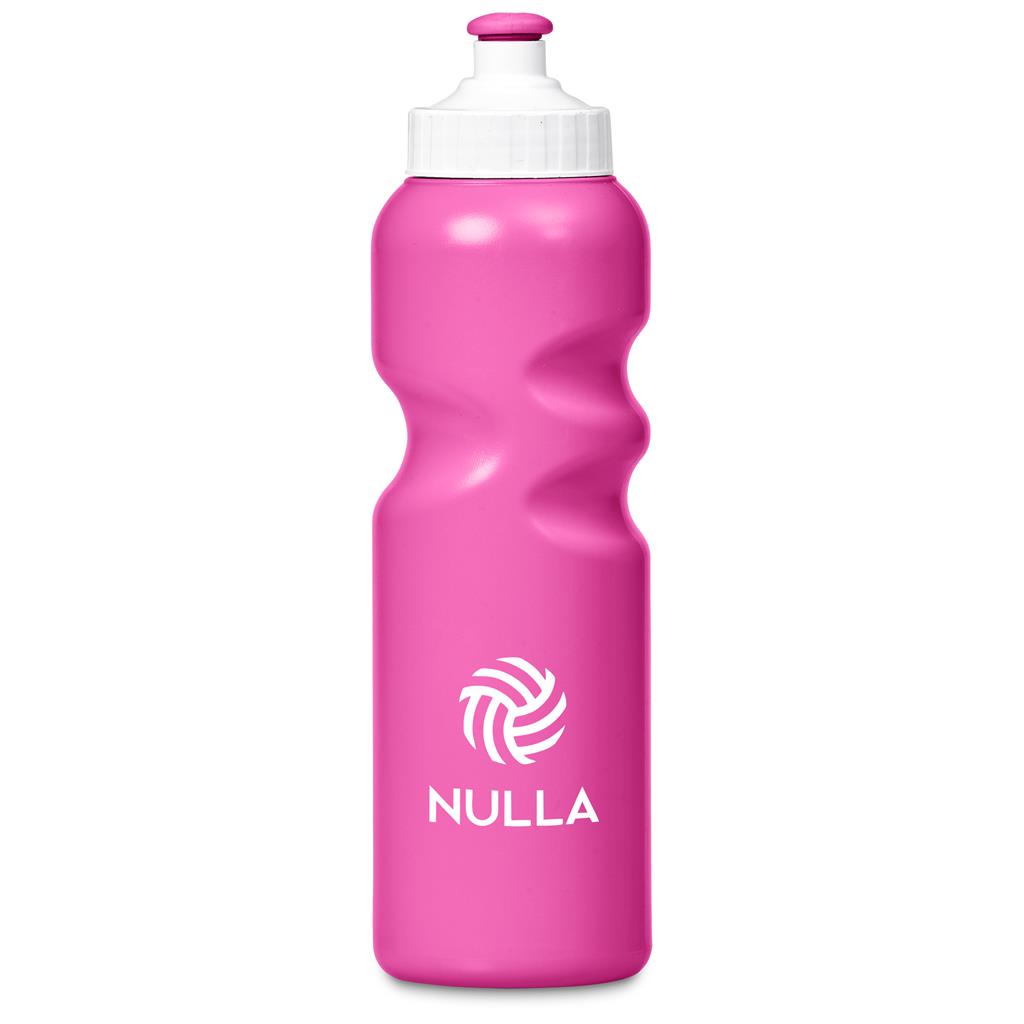 Pink water bottle with white cap and 'NULLA' logo on a white background

