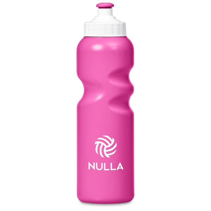 Pink water bottle with white cap and 'NULLA' logo on a white background

