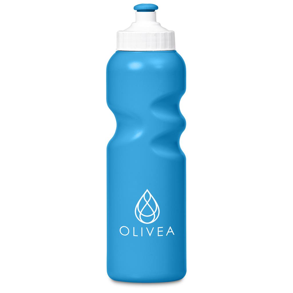 Blue water bottle with white cap and 'OLIVEA' logo on a white background

