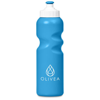 Blue water bottle with white cap and 'OLIVEA' logo on a white background


