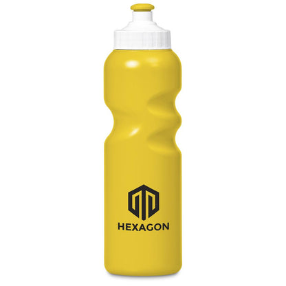 Yellow water bottle with white cap and 'HEXAGON' logo on a white background

