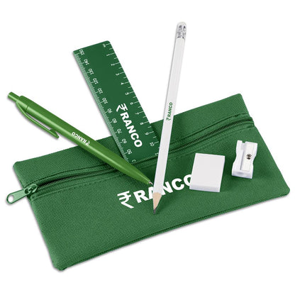 Green pencil case with stationery items including a pen, ruler, pencil, eraser, and sharpener on a white background.

