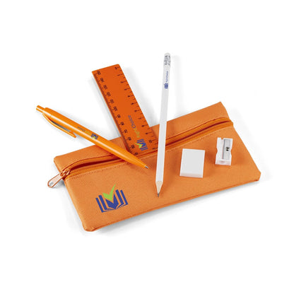 Orange pencil case with stationery items including a pen, ruler, eraser, and sharpener on a white background.

