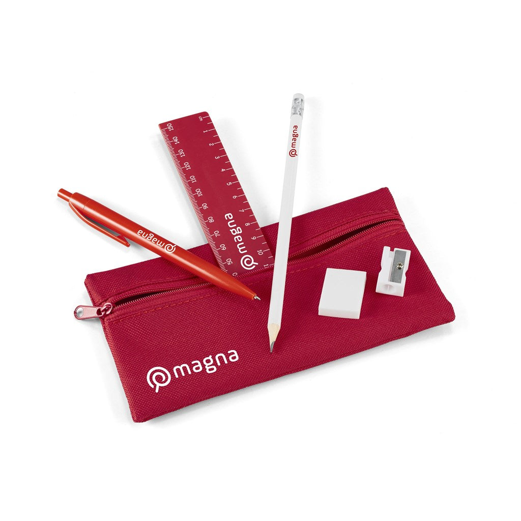 Red pencil case with a pen, ruler, and eraser on a white background

