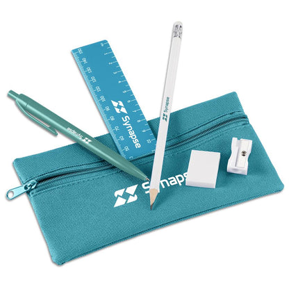 Teal pencil case with stationery items including a pen, ruler, pencil, eraser, and sharpener on a white background.

