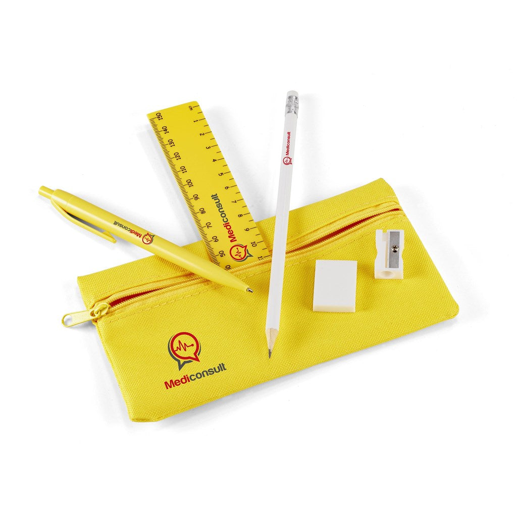 Pencil case with a pen, ruler, and eraser on a white background