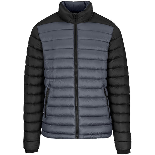 Black and gray puffer jacket on a white background

