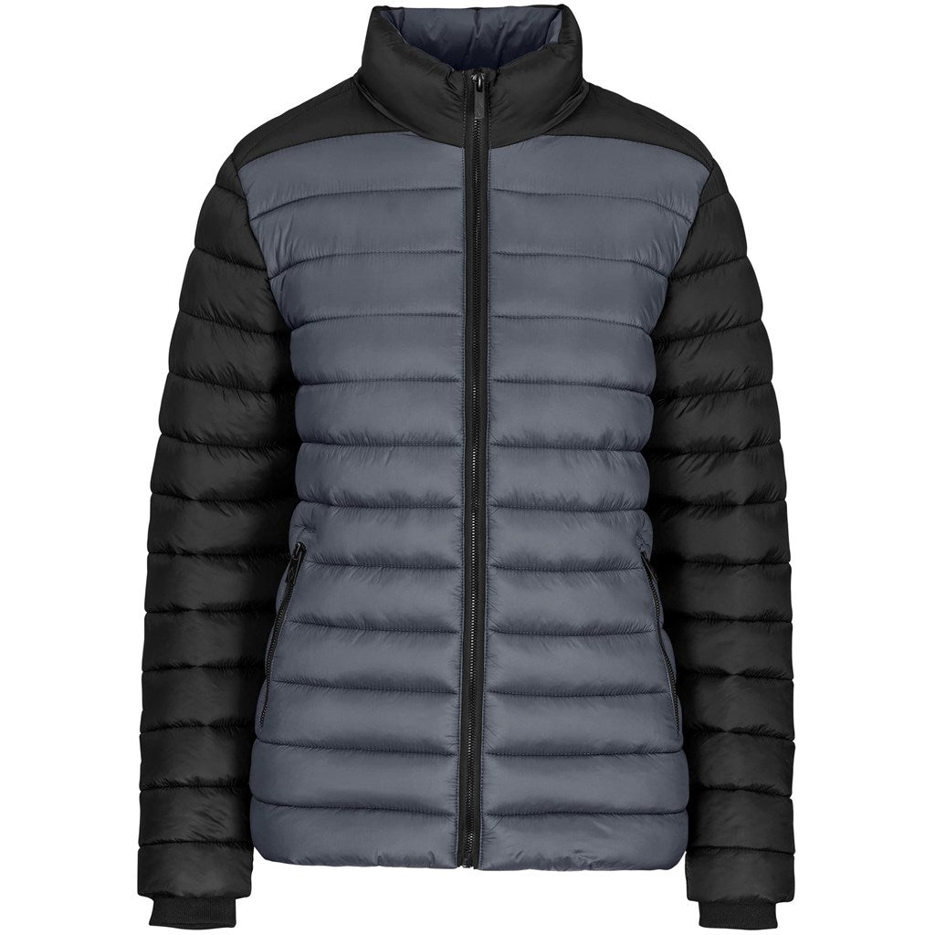 Two-tone black and gray puffer jacket on a white background

