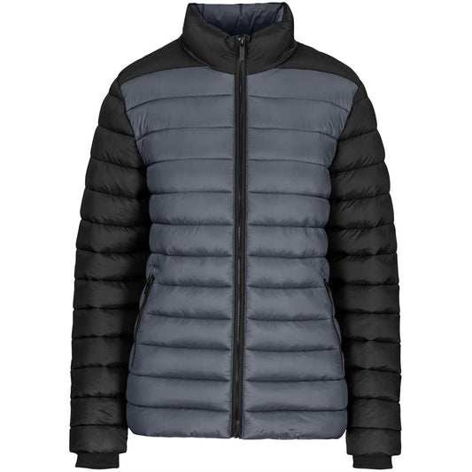Two-tone black and gray puffer jacket on a white background

