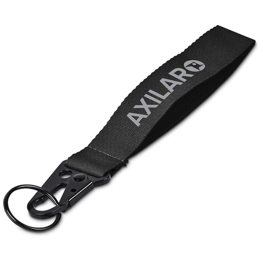 Black keychain with 'Axilar' branding on a white background

