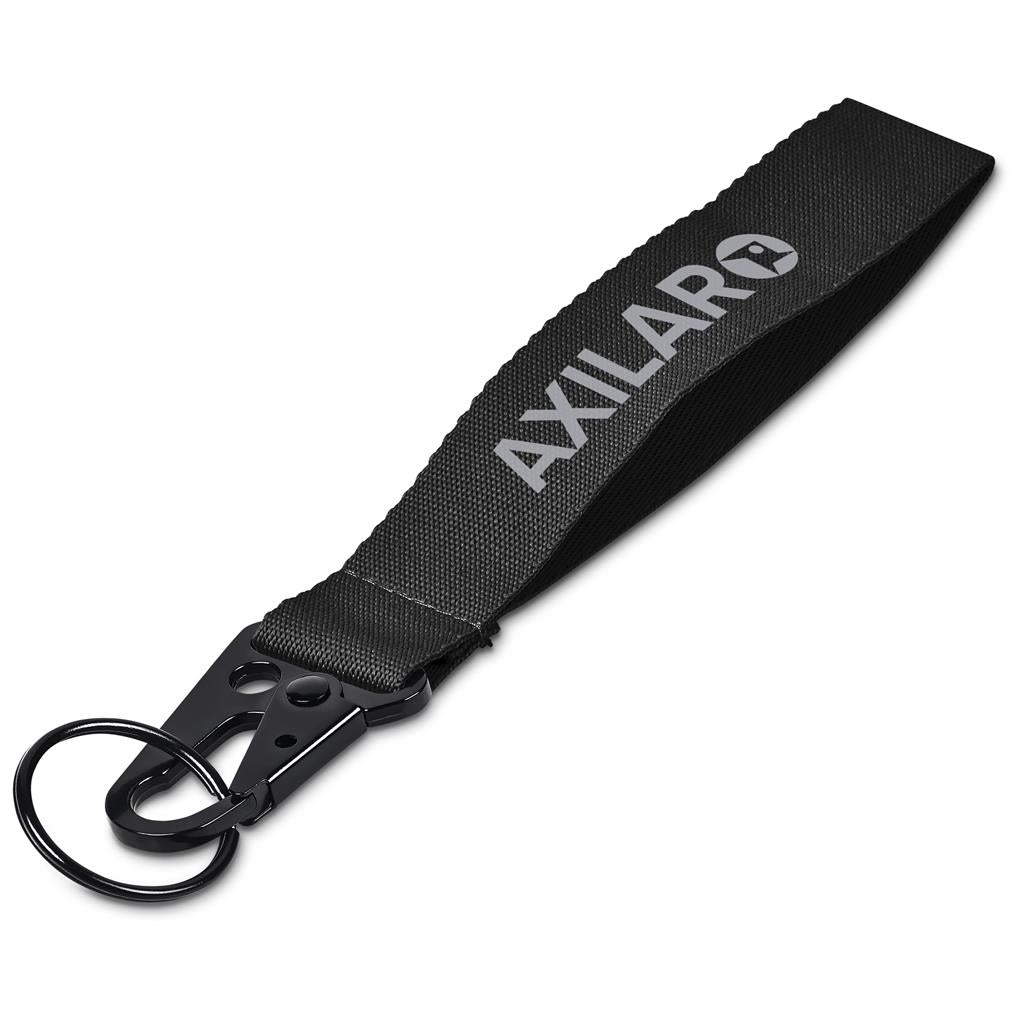Black keychain with 'Axilar' branding on a white background

