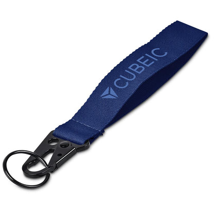 Blue lanyard with black key ring and 'CUBIC' branding on a white background

