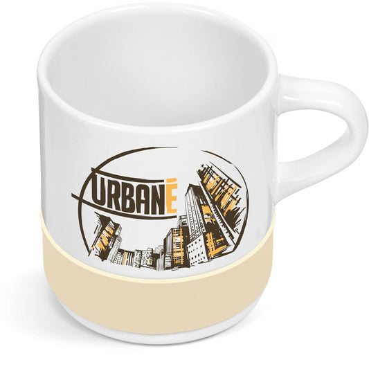 White mug with 'Urbane' logo and cityscape design on a beige base


