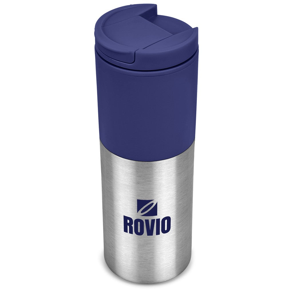 A PREFO travel tumbler with a brushed stainless steel lower half and a teal blue upper half and lid. The PREFO logo is printed on the steel section.

