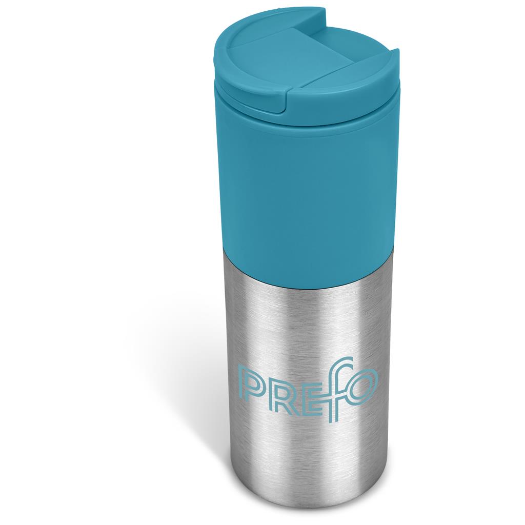 A PREFO travel tumbler with a brushed stainless steel lower half and a teal blue upper half and lid. The PREFO logo is printed on the steel section.

