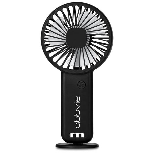 Black handheld fan with 'abbvie' branding on a white background

