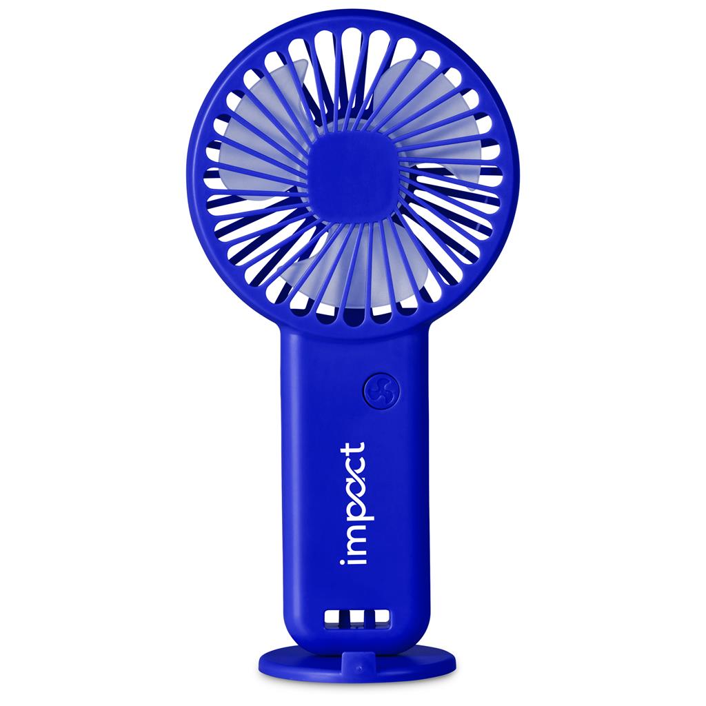 Blue handheld fan with 'impact' branding on a white background

