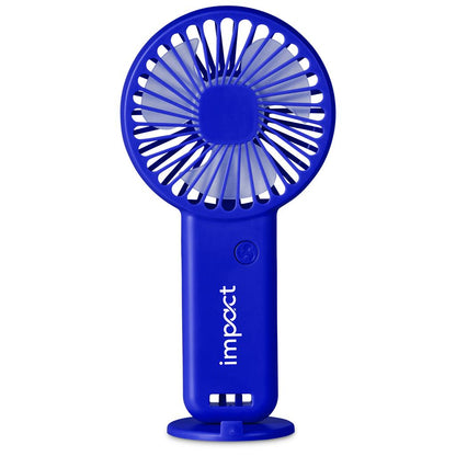 Blue handheld fan with 'impact' branding on a white background

