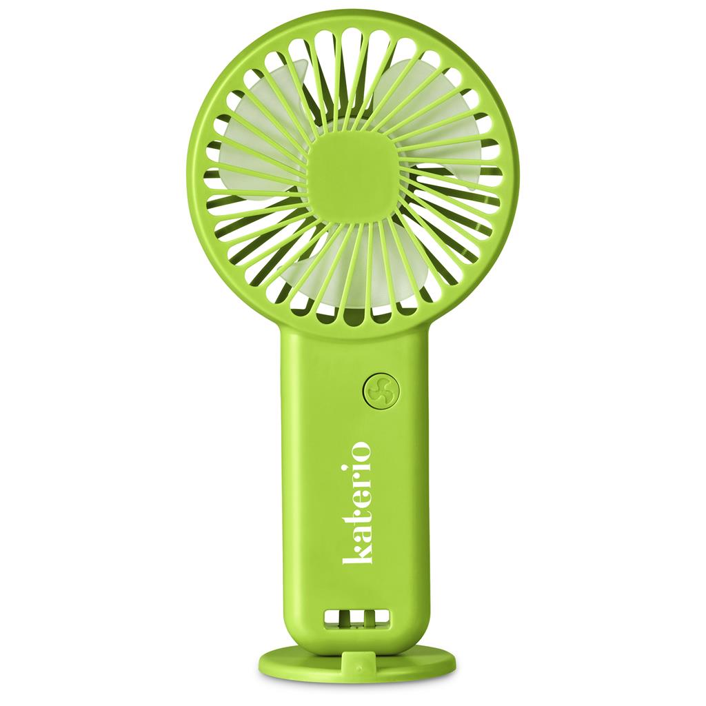 Green handheld fan with 'kakario' branding on a white background

