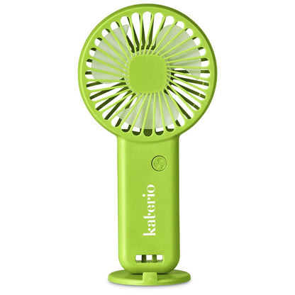 Green handheld fan with 'kakario' branding on a white background

