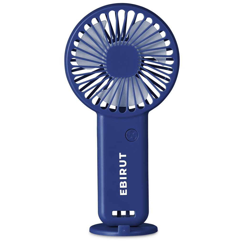 Blue handheld fan with 'EBIRUT' branding on a white background

