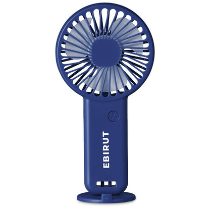 Blue handheld fan with 'EBIRUT' branding on a white background

