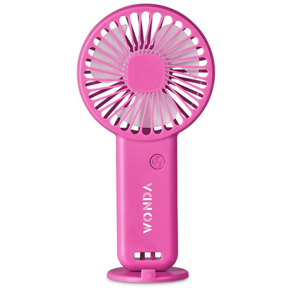 Pink handheld fan with 'WONV' branding on a white background

