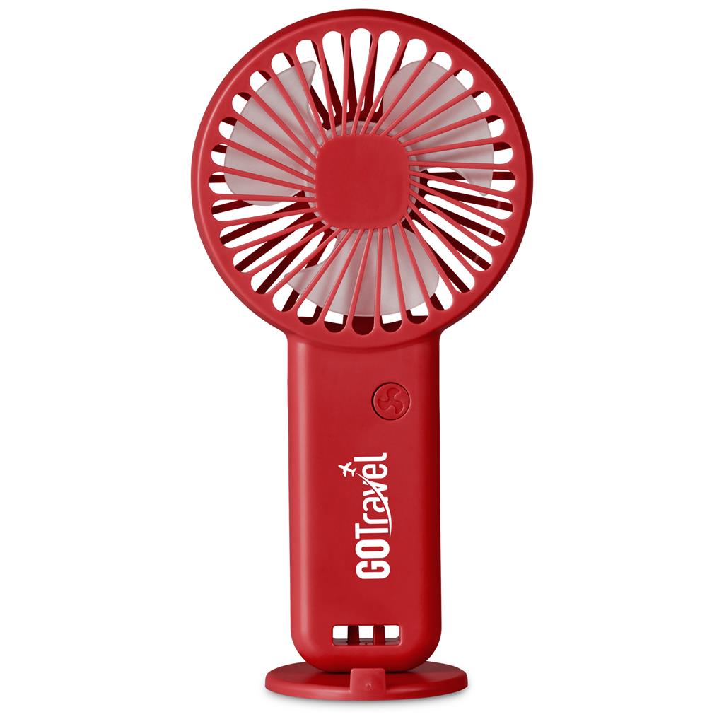Red portable fan with 'GO Travel' branding on a white background

