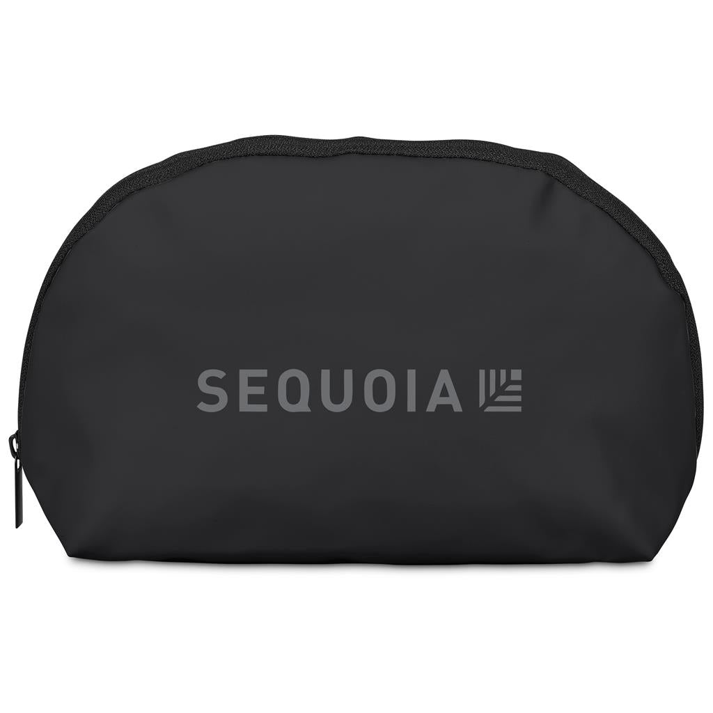 Black cosmetic bag with 'SEQUOIA' branding on a white background

