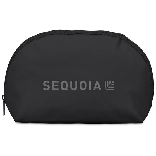 Black cosmetic bag with 'SEQUOIA' branding on a white background

