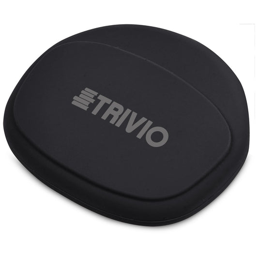 A black oval-shaped Trivio footrest with a gray logo printed on the top surface, shown on a plain white background.

