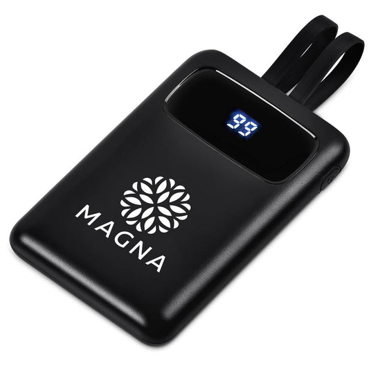 Black power bank with digital display and 'Magna' branding on a white background

