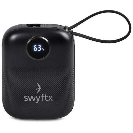 A black Swyftx portable power bank with a built-in wrist strap, featuring a textured front panel, a digital battery percentage display showing 63%, and the Swyftx brand name printed on the front.

