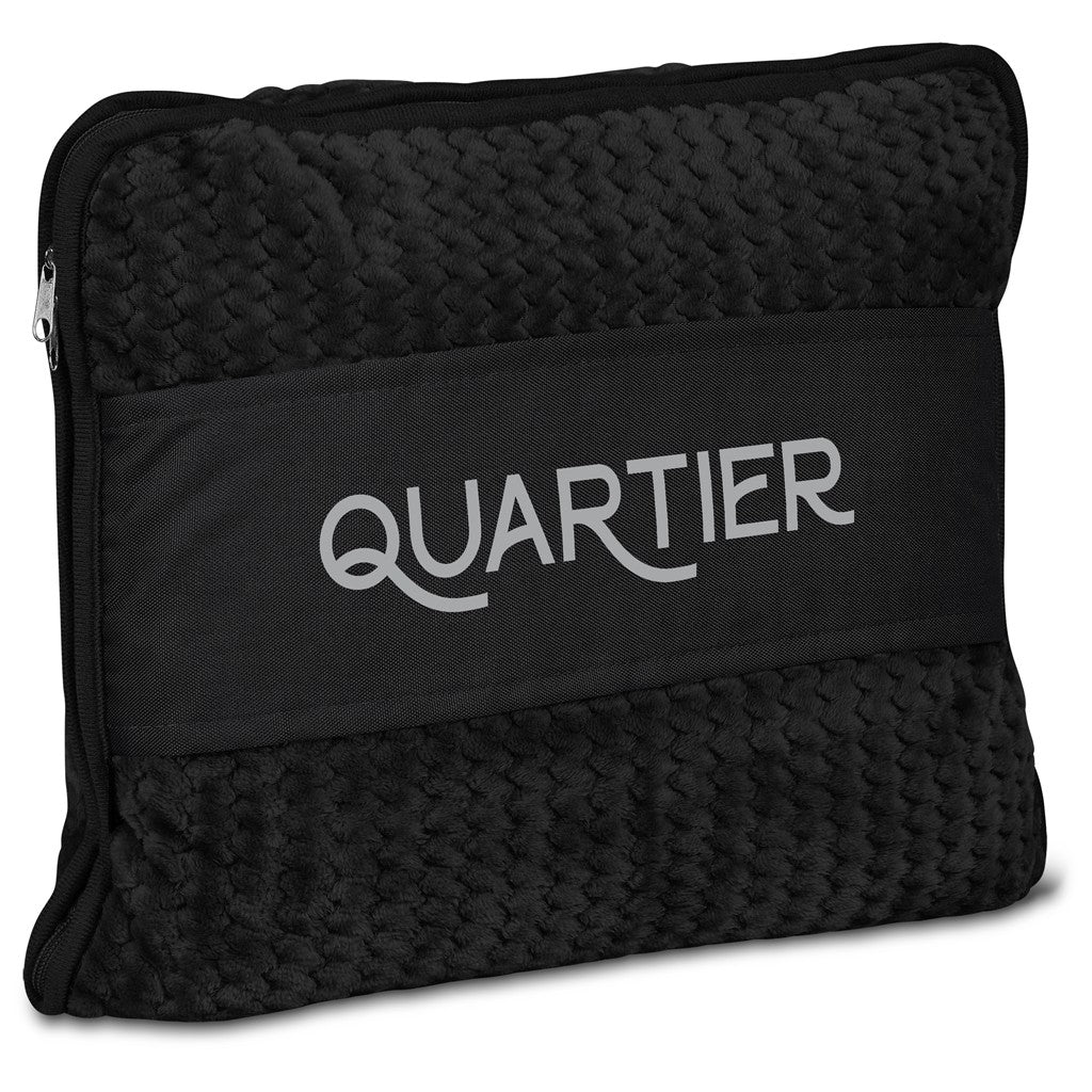 A black textured zippered pouch with a wide black band across the front featuring the word 'QUARTIER' in white script, shown on a plain white background.

