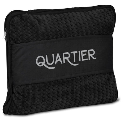 A black textured zippered pouch with a wide black band across the front featuring the word 'QUARTIER' in white script, shown on a plain white background.

