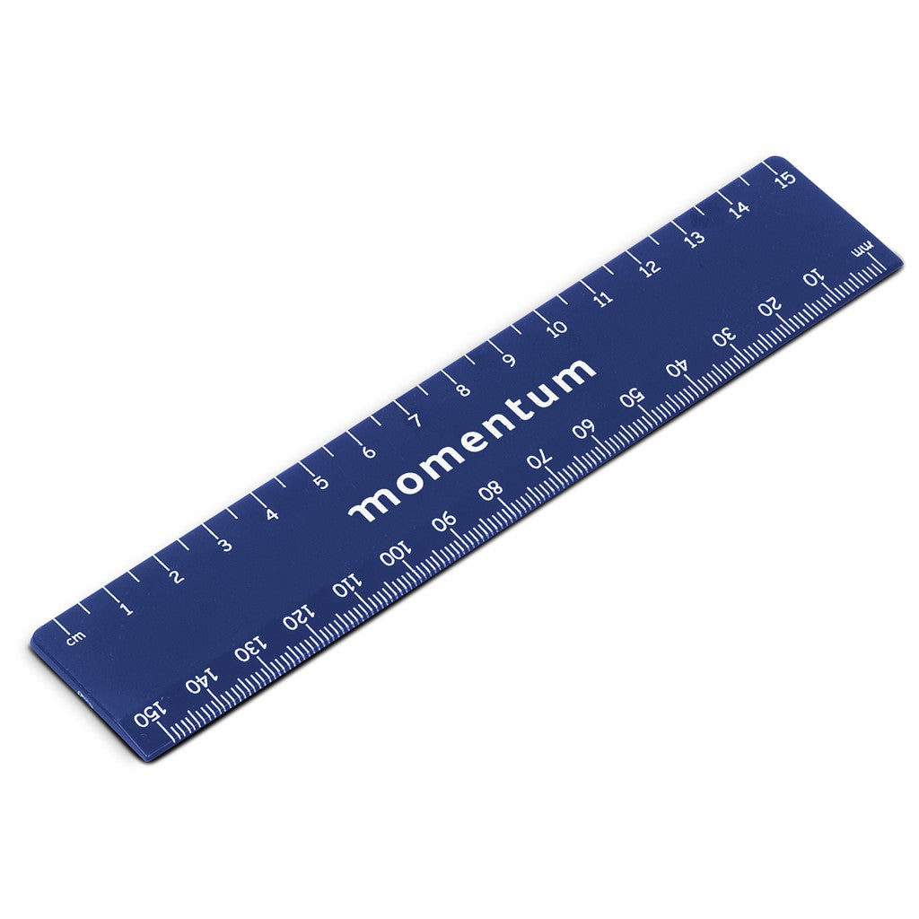 A blue metal ruler with white markings and the brand name 'momentum' printed on it, shown diagonally on a plain white background.

