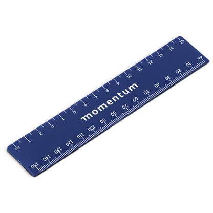 A blue metal ruler with white markings and the brand name 'momentum' printed on it, shown diagonally on a plain white background.

