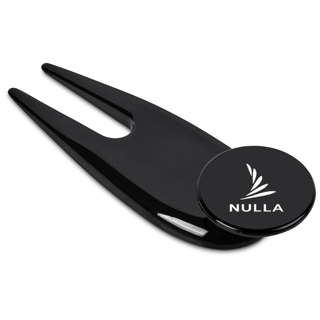 Black divot tool with 'NULLA' logo on a white background
