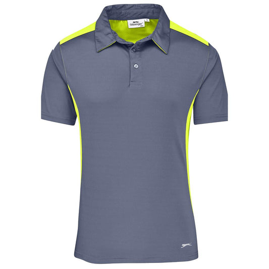 Gray polo shirt with green accents on a white background

