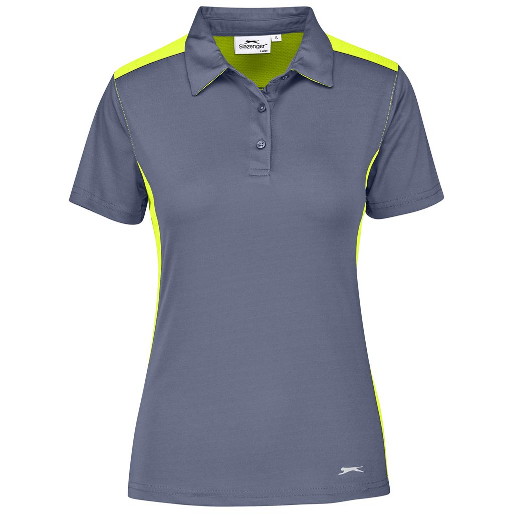 Gray polo shirt with green accents on a white background

