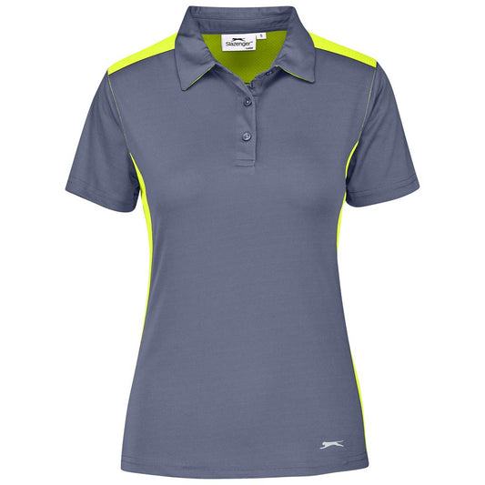 Gray polo shirt with green accents on a white background

