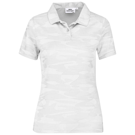 White polo shirt with a brand label on a white background

