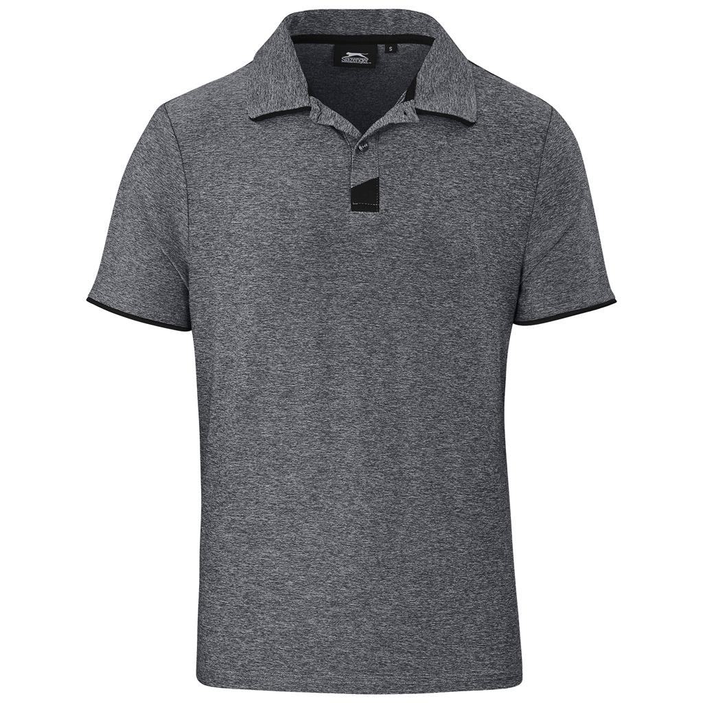 Gray polo shirt with a black logo on a white background


