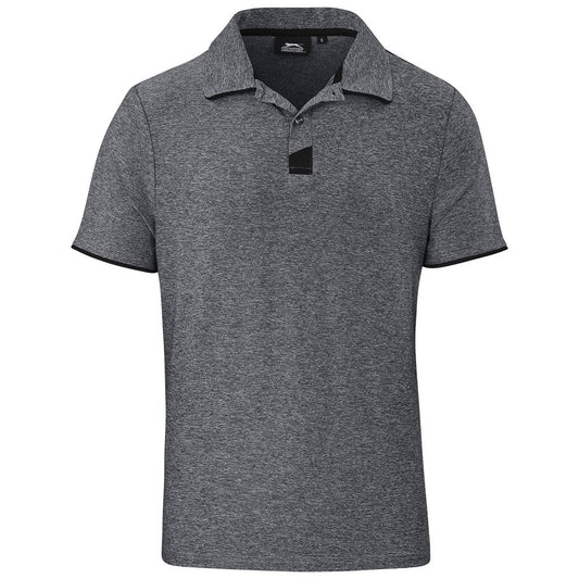 Gray polo shirt with a black logo on a white background

