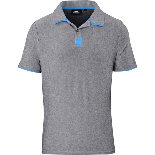 Gray polo shirt with blue accents on a white background

