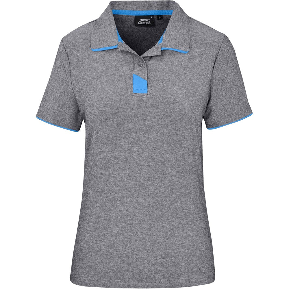 Gray polo shirt with blue accents on a white background

