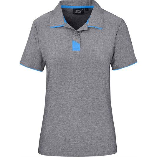 Gray polo shirt with blue accents on a white background

