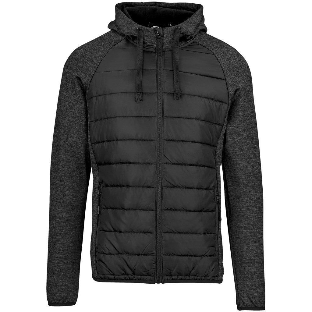 Black puffer jacket with gray sleeves on a white background

